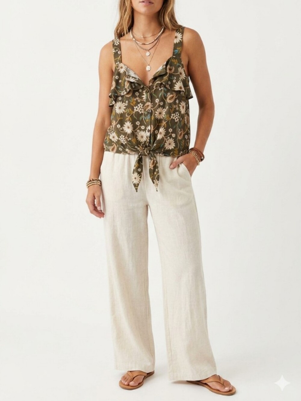 Studio B By Bobeau Boho Floral Tie-Front Ruffle Camisole